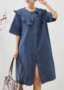 Boho Navy Peter Pan Collar Striped Denim Mid Dress Summer