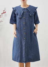 Load image into Gallery viewer, Boho Navy Peter Pan Collar Striped Denim Mid Dress Summer