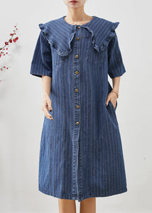 Boho Navy Peter Pan Collar Striped Denim Mid Dress Summer