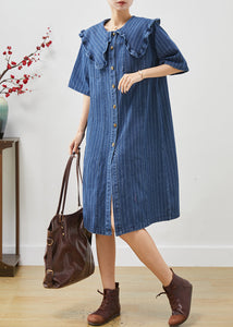 Boho Navy Peter Pan Collar Striped Denim Mid Dress Summer