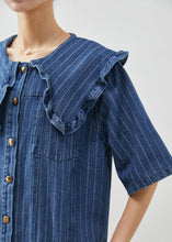 Load image into Gallery viewer, Boho Navy Peter Pan Collar Striped Denim Mid Dress Summer