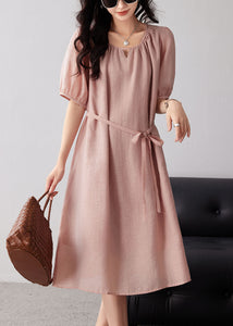 Boho Pink O-Neck Hollow Out Cotton Dresses Summer