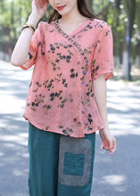 Load image into Gallery viewer, Boho Pink V Neck Print Patchwork Linen Shirt Top Summer