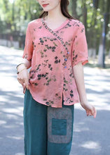 Load image into Gallery viewer, Boho Pink V Neck Print Patchwork Linen Shirt Top Summer