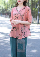 Load image into Gallery viewer, Boho Pink V Neck Print Patchwork Linen Shirt Top Summer