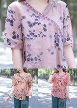 Load image into Gallery viewer, Boho Pink V Neck Print Patchwork Linen Shirt Top Summer