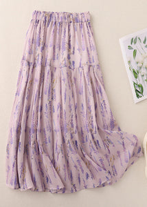 Boho Purple Print Elastic Waist Cotton Skirt Summer