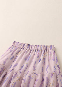 Boho Purple Print Elastic Waist Cotton Skirt Summer