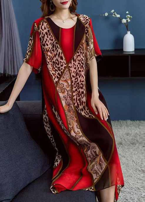 Boho Red O Neck Leopard Print Patchwork Chiffon Dress Summer