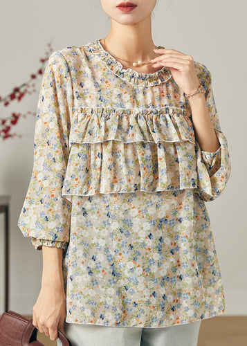 Boho Ruffled Print Chiffon Shirt Tops Summer