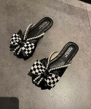 Load image into Gallery viewer, Boho Slide Sandals Black Splicing Plaid Bow Nail Bead