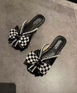 Boho Slide Sandals Black Splicing Plaid Bow Nail Bead