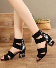 Load image into Gallery viewer, Boho Splicing Peep Toe Chunky Sandals Black Velour Embroidery