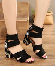 Load image into Gallery viewer, Boho Splicing Peep Toe Chunky Sandals Black Velour Embroidery