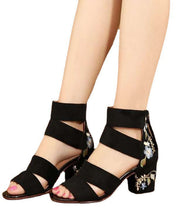 Load image into Gallery viewer, Boho Splicing Peep Toe Chunky Sandals Black Velour Embroidery