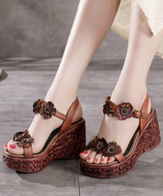 Load image into Gallery viewer, Boho Wedge Sandals Peep Toe Brown Cowhide Leather Floral