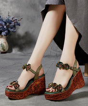 Load image into Gallery viewer, Boho Wedge Sandals Peep Toe Brown Cowhide Leather Floral