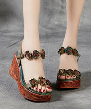 Load image into Gallery viewer, Boho Wedge Sandals Peep Toe Brown Cowhide Leather Floral