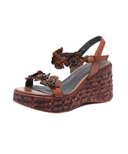 Load image into Gallery viewer, Boho Wedge Sandals Peep Toe Brown Cowhide Leather Floral