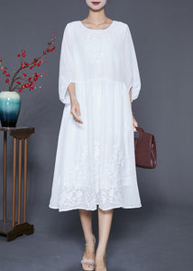 Boho White Embroidered Oversized Cotton Dress Lantern Sleeve