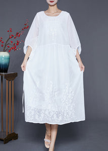 Boho White Embroidered Oversized Cotton Dress Lantern Sleeve