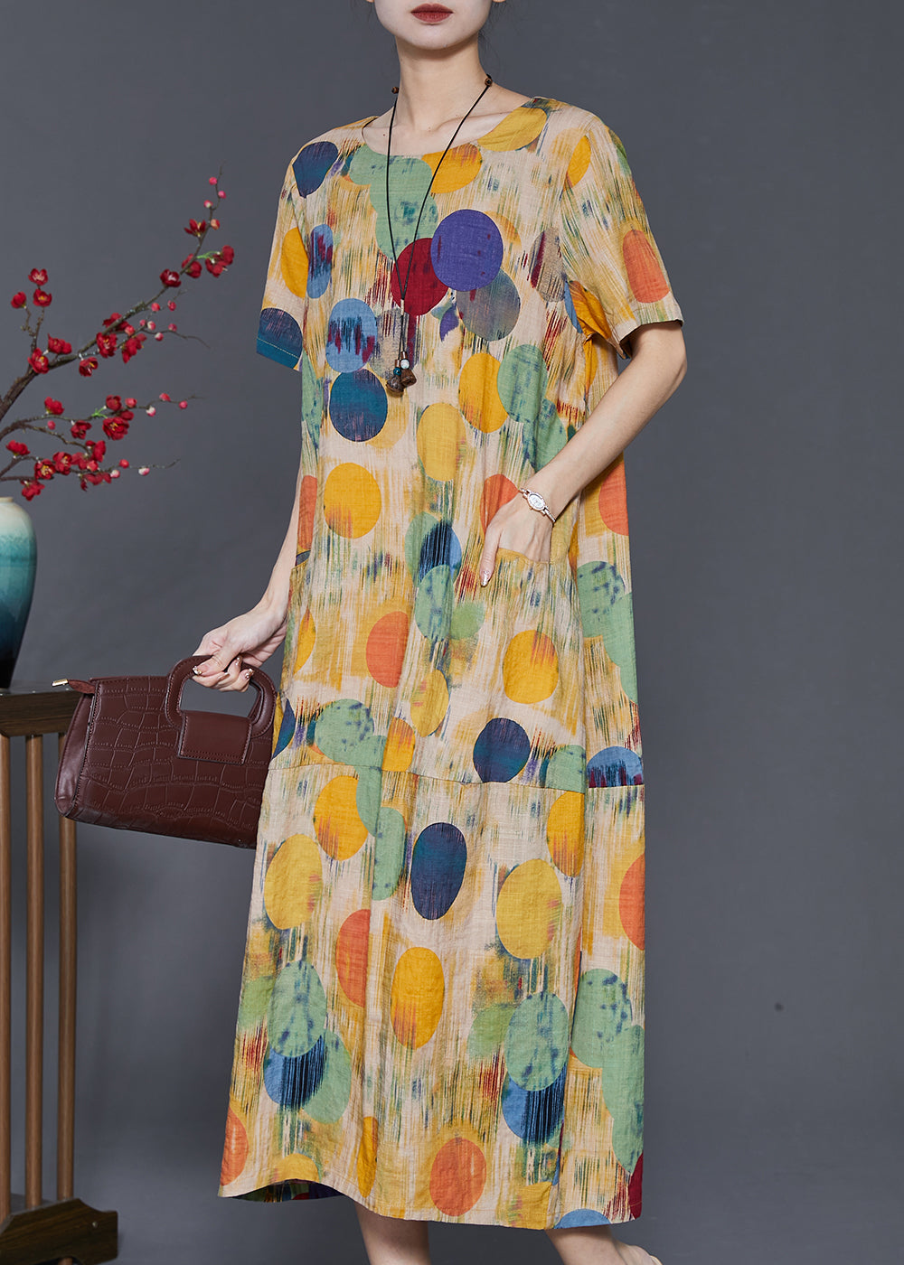 Boho Yellow O-Neck Print Cotton Long Dresses Summer