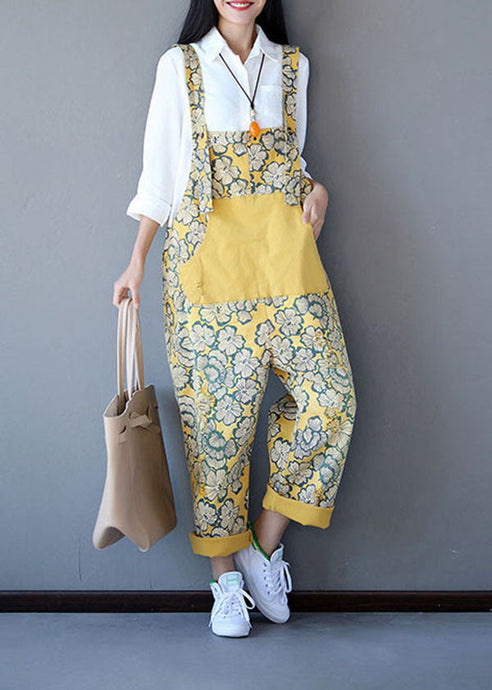 Boho Yellow Patchwork Print Denim Jumpsuit Spring