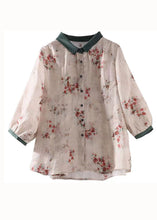 Load image into Gallery viewer, Boutique Apricot Peter Pan Collar Print Patchwork Linen Shirt Tops Summer