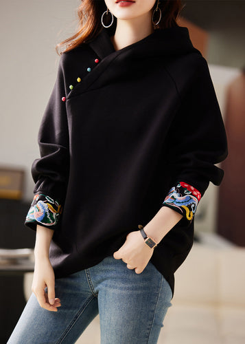 Boutique Black Hooded Embroidered Warm Fleece Sweatshirts Top Spring