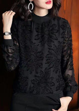 Load image into Gallery viewer, Boutique Black O Neck Jacquard Patchwork Chiffon Blouses Spring