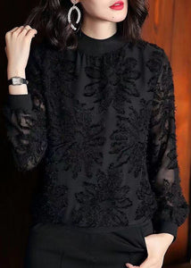 Boutique Black O Neck Jacquard Patchwork Chiffon Blouses Spring