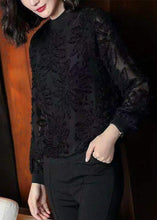 Load image into Gallery viewer, Boutique Black O Neck Jacquard Patchwork Chiffon Blouses Spring