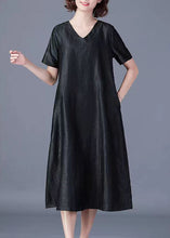 Load image into Gallery viewer, Boutique Black V Neck Pockets Patchwork Loose Silk Dress Summer