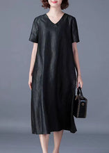 Load image into Gallery viewer, Boutique Black V Neck Pockets Patchwork Loose Silk Dress Summer