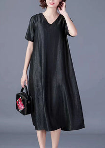 Boutique Black V Neck Pockets Patchwork Loose Silk Dress Summer