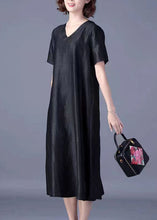 Load image into Gallery viewer, Boutique Black V Neck Pockets Patchwork Loose Silk Dress Summer