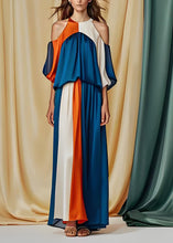 Load image into Gallery viewer, Boutique Blue Cold Shoulder Wrinkled Silk Jumpsuit Summer