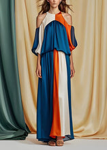 Load image into Gallery viewer, Boutique Blue Cold Shoulder Wrinkled Silk Jumpsuit Summer