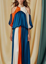 Load image into Gallery viewer, Boutique Blue Cold Shoulder Wrinkled Silk Jumpsuit Summer