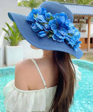 Load image into Gallery viewer, Boutique Blue Floral Straw Woven Holiday Sun Hat