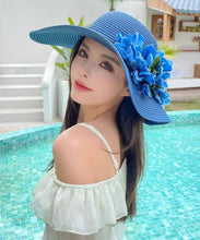 Load image into Gallery viewer, Boutique Blue Floral Straw Woven Holiday Sun Hat