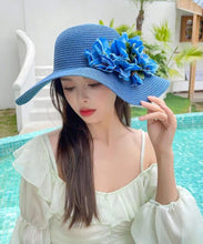 Load image into Gallery viewer, Boutique Blue Floral Straw Woven Holiday Sun Hat