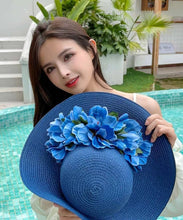 Load image into Gallery viewer, Boutique Blue Floral Straw Woven Holiday Sun Hat