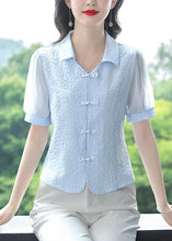 Load image into Gallery viewer, Boutique Blue Peter Pan Collar Chinese Button Cotton Tops Summer