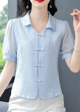 Load image into Gallery viewer, Boutique Blue Peter Pan Collar Chinese Button Cotton Tops Summer