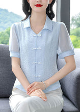 Load image into Gallery viewer, Boutique Blue Peter Pan Collar Chinese Button Cotton Tops Summer