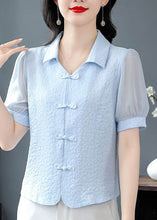 Load image into Gallery viewer, Boutique Blue Peter Pan Collar Chinese Button Cotton Tops Summer