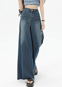 Boutique Blue Pockets High Waist Denim Wide Leg Pants Summer