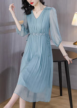 Load image into Gallery viewer, Boutique Blue V Neck Wrinkled Lace Up Silk Dress Summer