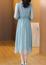 Load image into Gallery viewer, Boutique Blue V Neck Wrinkled Lace Up Silk Dress Summer